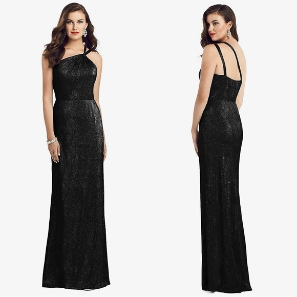 NWT DESSY 90s Crinkle Metallic Twist Strap 1 Shoulder Sleeveless Trumpet Gown 10 - Picture 1 of 5
